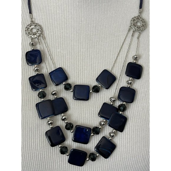 Navy Blue Square & Round Beaded 3-Tier Necklace - Picture 2 of 10